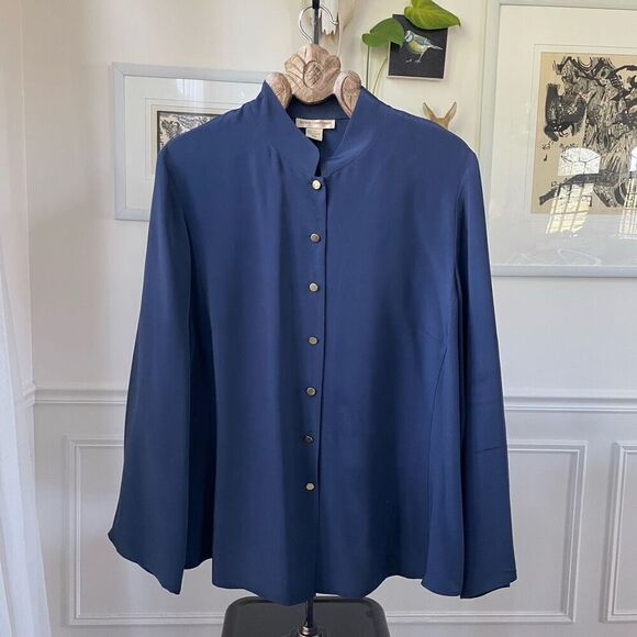 Patrick Christopher Dark Blue 100% Silk Band Collar Gold Button Blouse 18W - Picture 1 of 8